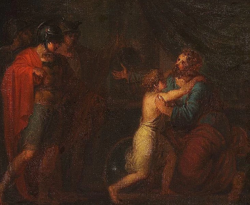 Due guerrieri romani che guardano un uomo seduto che abbraccia un bambino